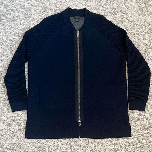 J.Crew Collection Women’s Wool Navy Double-Zip Ribbed Sweater-Jacket - Picture 2 of 12